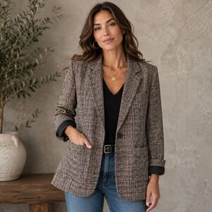 Valerie Stevens Petites 100% Pure Silk Tweed Blazer Brown Black Size 14P Vintage